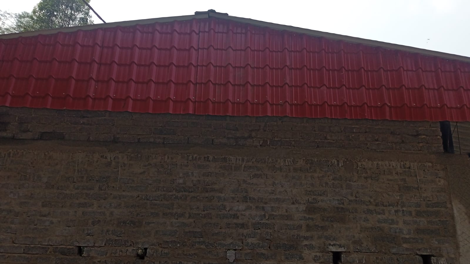 Close-up of brick wall and red corrugated roof