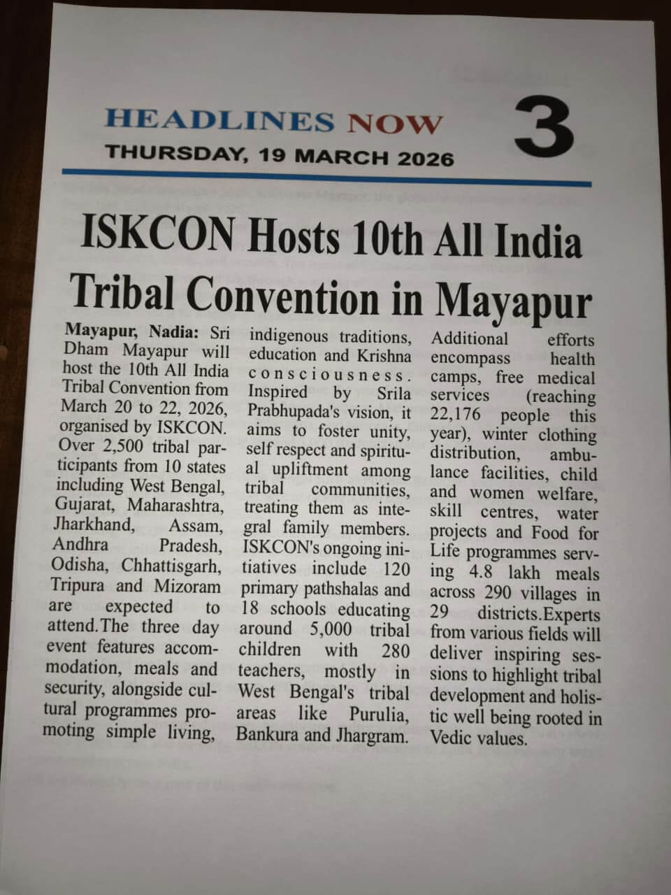 Headlines Now newspaper article — ISKCON Hosts 10th All India Tribal Convention in Mayapur
