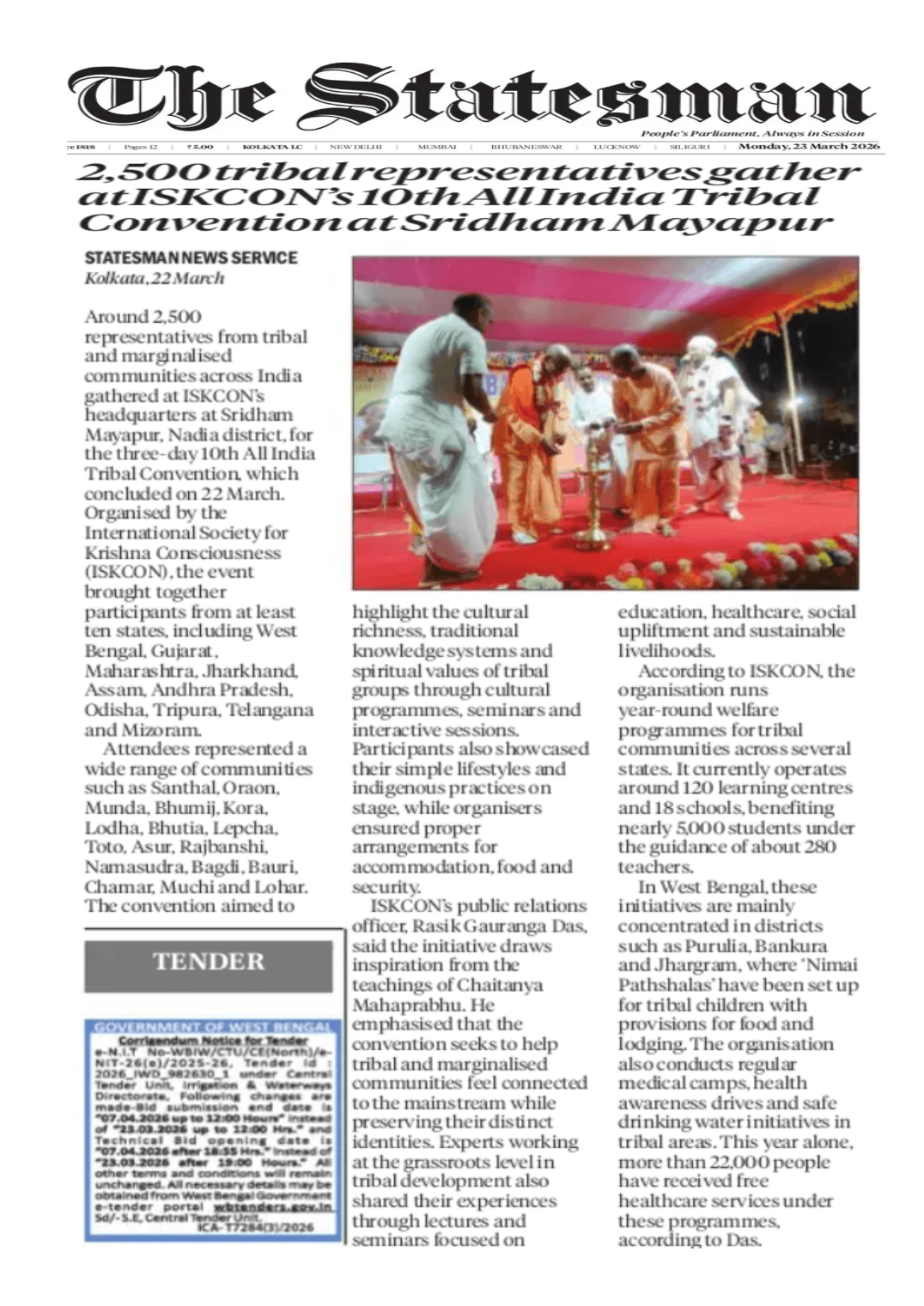 The Statesman newspaper article — 2,500 tribal representatives gather at ISKCON's 10th All India Tribal Convention at Sridham Mayapur